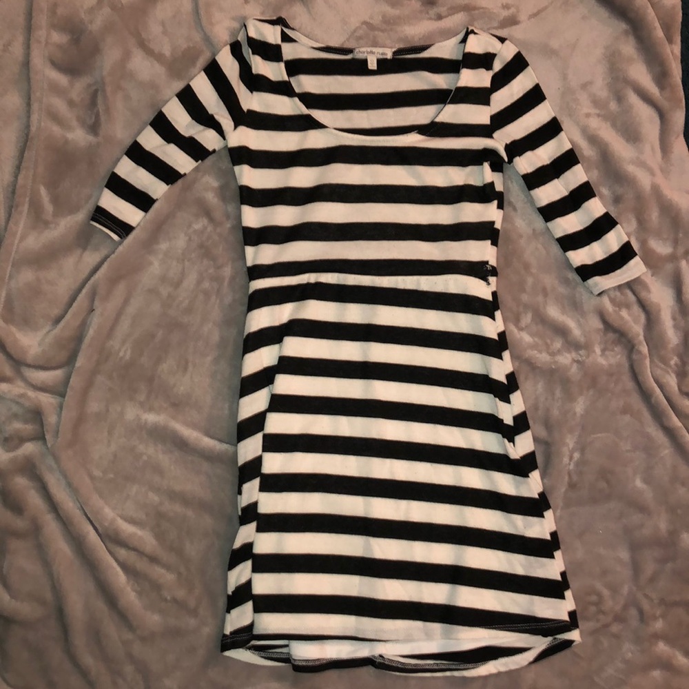 Black and white striped, long sleeve dress